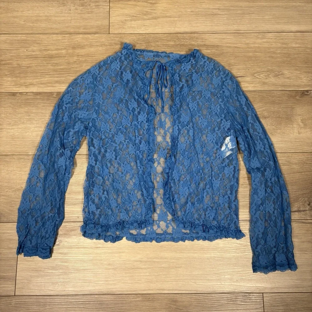 Vintage JCPenney Womens Blue Lace Long Sleeve Tie Front Cardigan Made in USA S